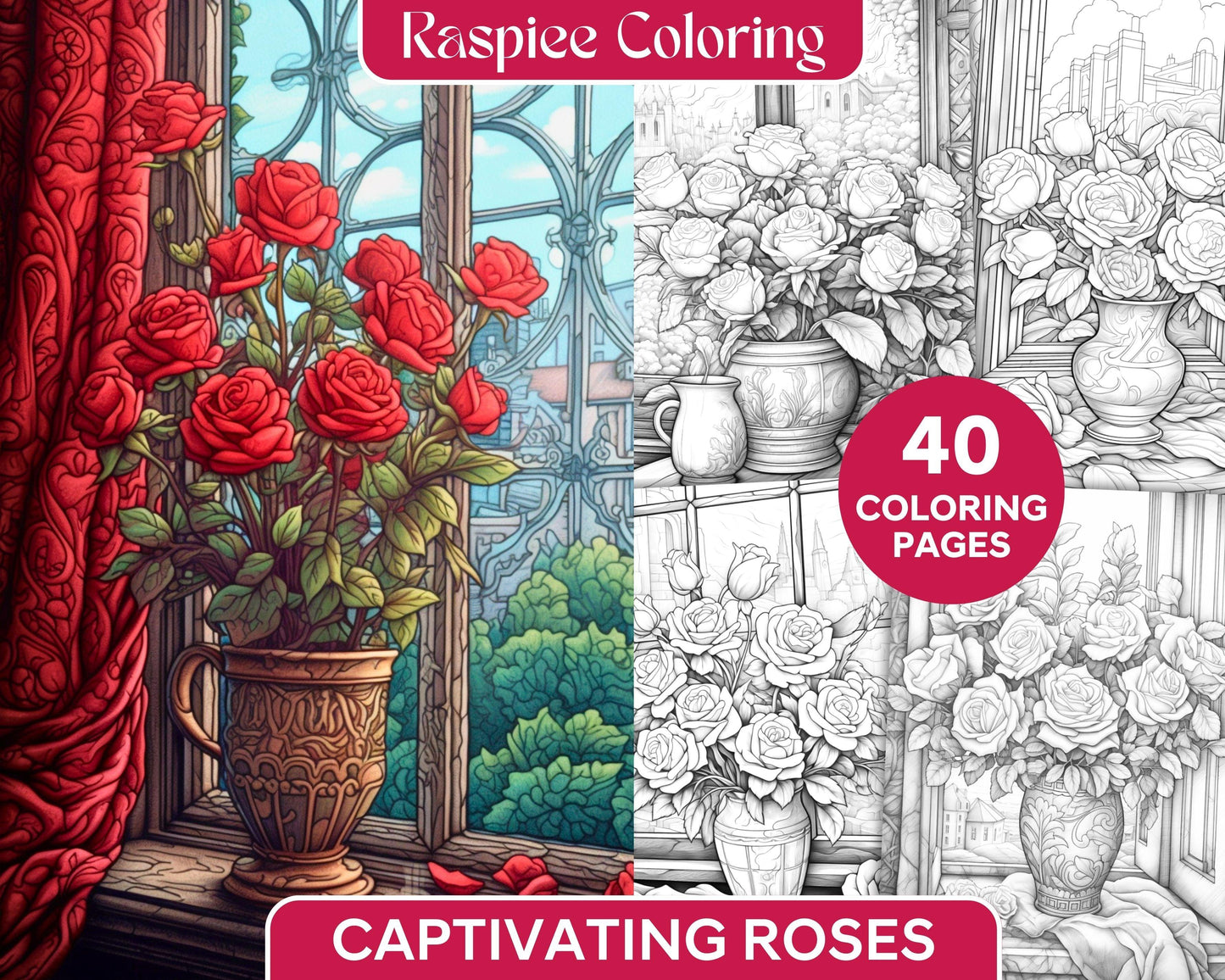 40 Captivating Roses Grayscale Coloring Pages Printable for Adults, PDF File Instant Download