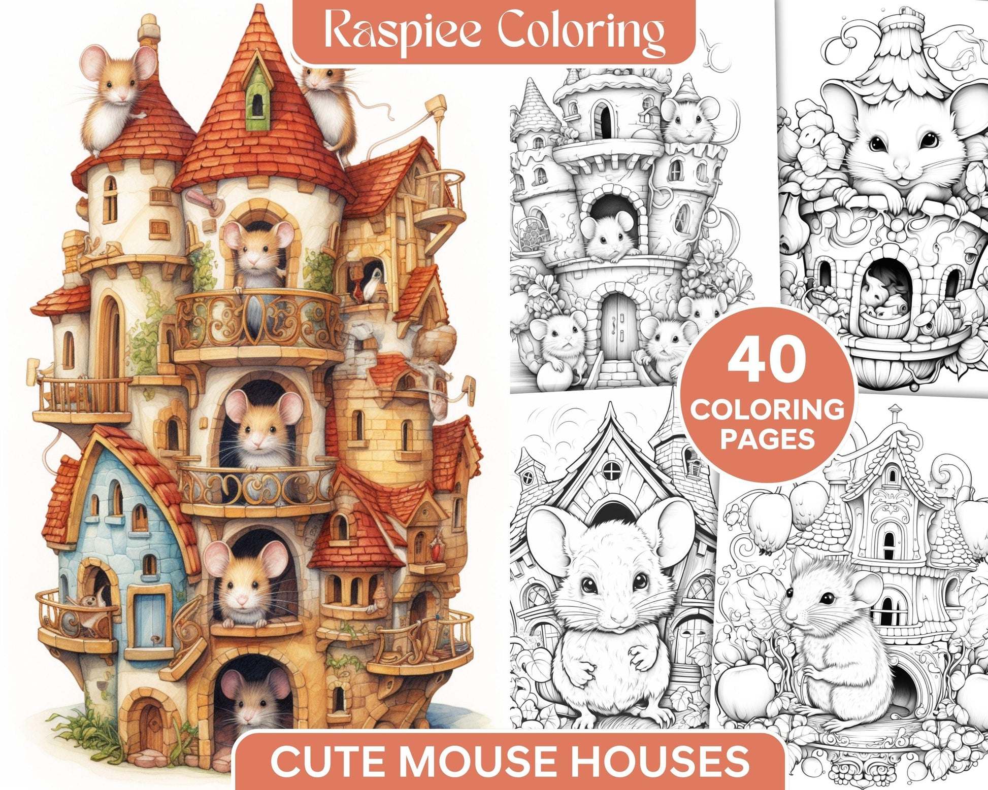 40 Magical Mouse Houses Grayscale Coloring Pages Printable for Adults, PDF File Instant Download