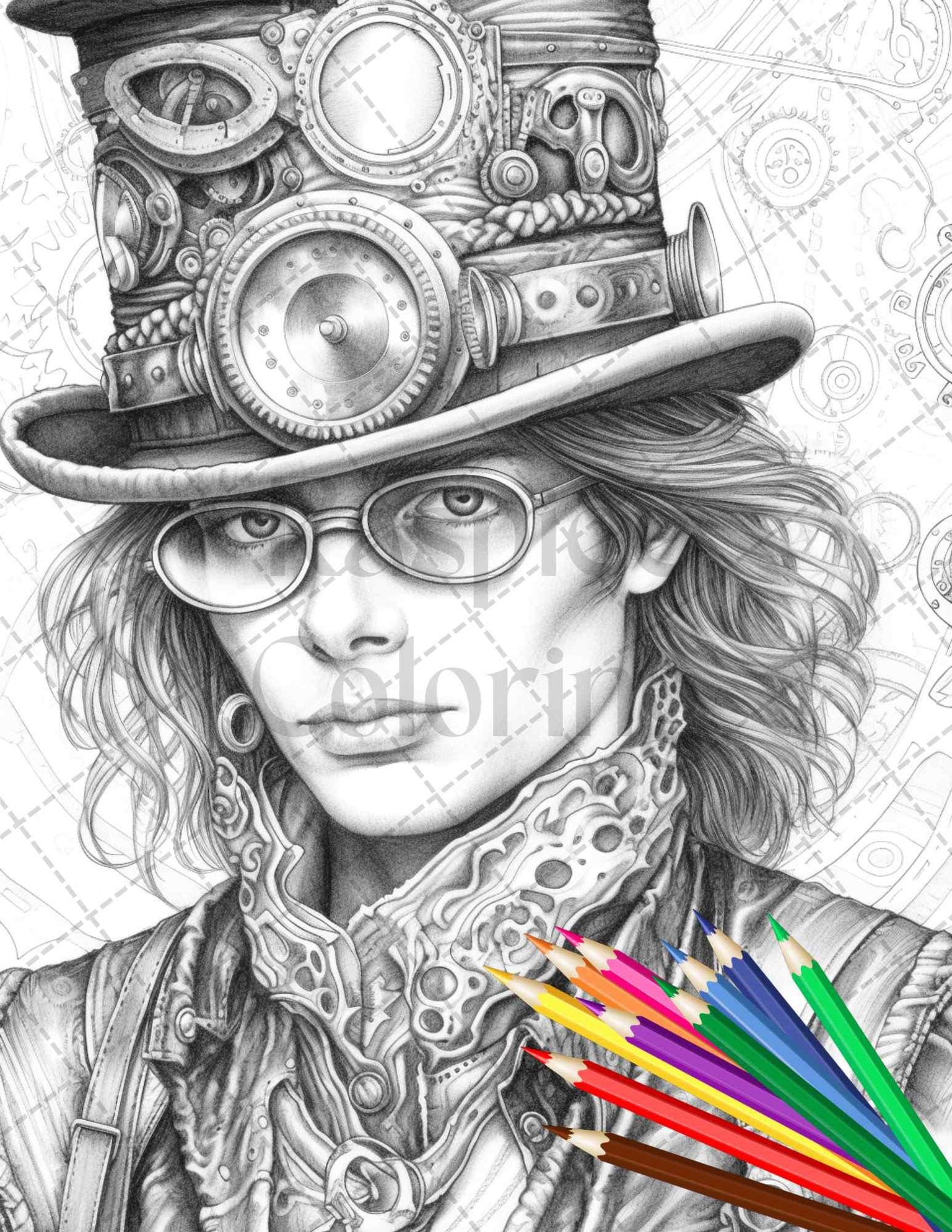 42 Steampunk Mens Grayscale Coloring Pages Printable for Adults, PDF File Instant Download