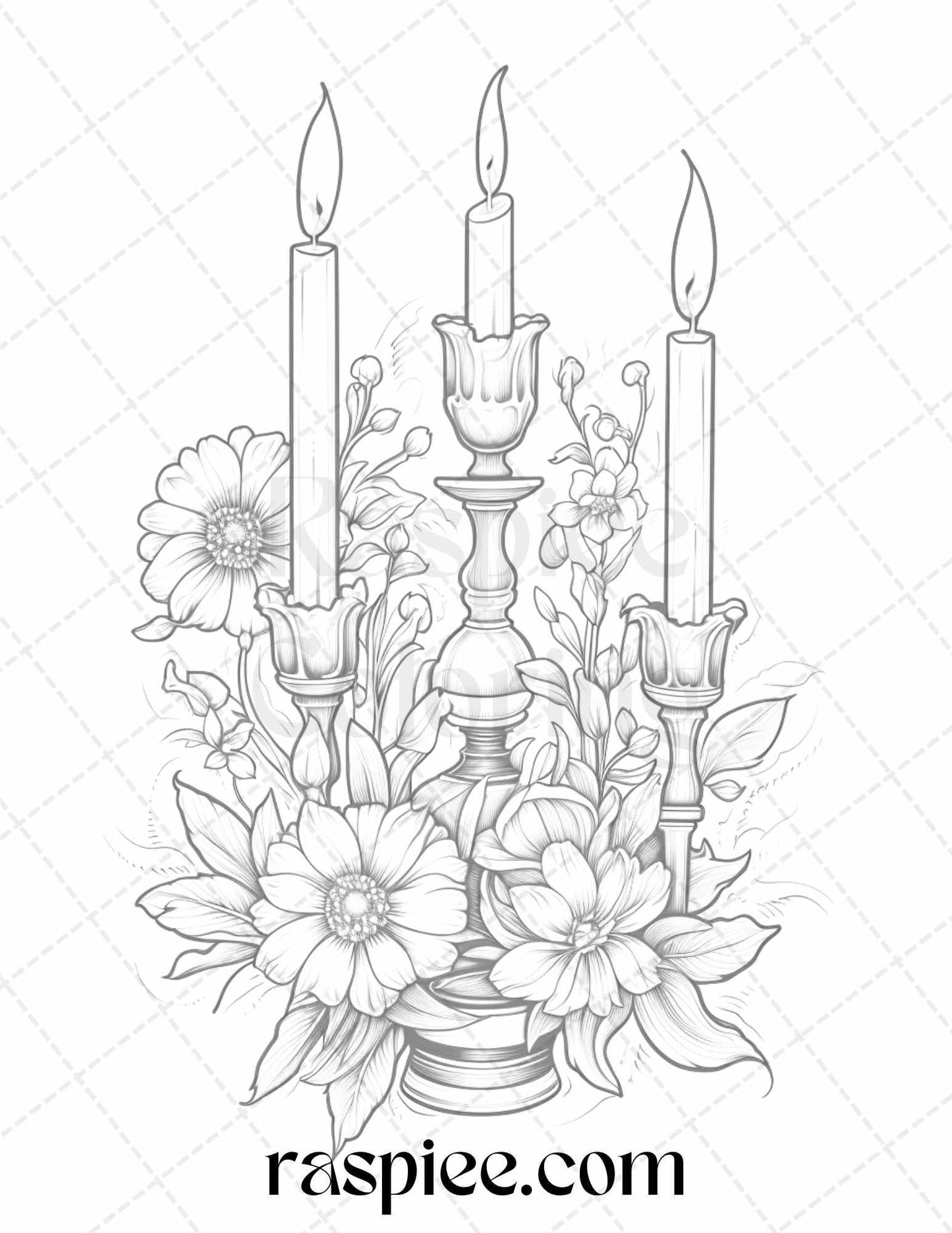 40 Flower Candles Grayscale Coloring Pages Printable for Adults, PDF File Instant Download