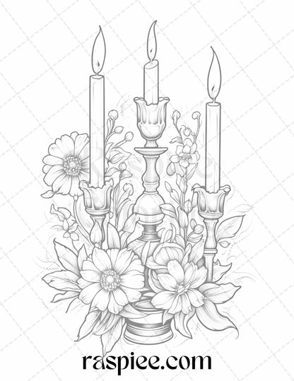 40 Flower Candles Grayscale Coloring Pages Printable for Adults, PDF File Instant Download