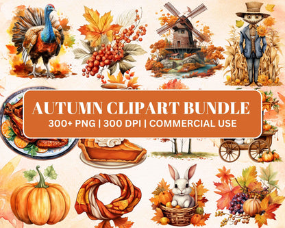 300+ PNG Watercolor Autumn Clipart Mega Bundle, Fall Season Illustrations for Sublimation Printing