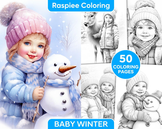 50 Baby Winter Portrait Grayscale Coloring Pages Printable for Adults, PDF File Instant Download