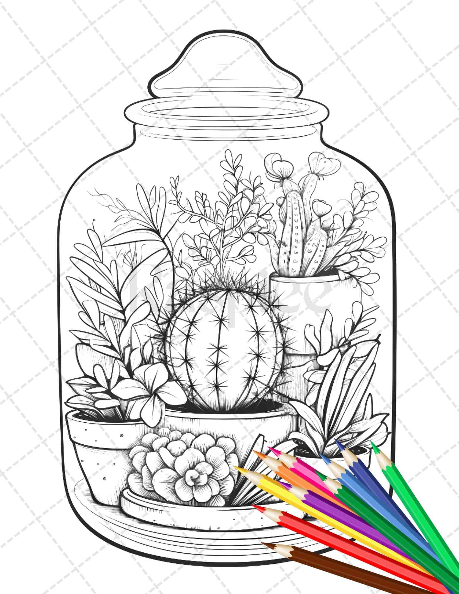 34 Enchanted Terrarium Grayscale Coloring Pages Printable for Adults, PDF File Instant Download