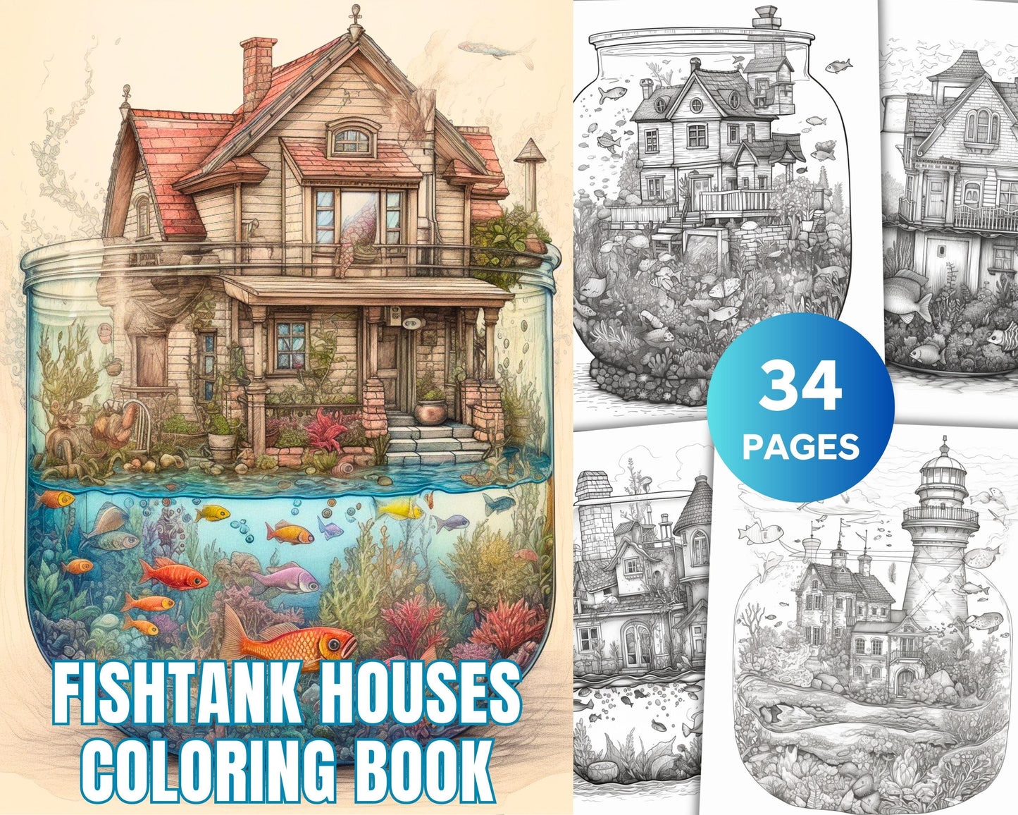 34 Fishtank Houses Coloring Book for Adults, Grayscale Coloring Page, Printable PDF Instant Download