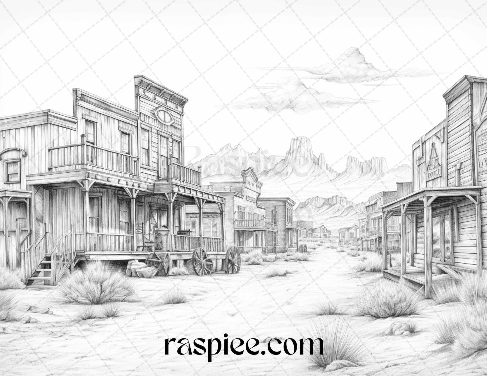 40 Wild West Towns Grayscale Coloring Pages Printable for Adults, PDF File Instant Download