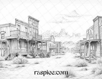 40 Wild West Towns Grayscale Coloring Pages Printable for Adults, PDF File Instant Download