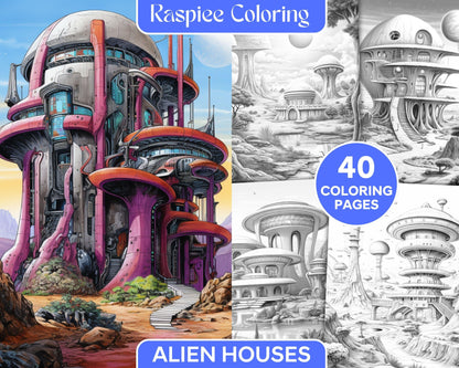 40 Alien Houses Grayscale Coloring Pages for Adults, Printable PDF File Instant Download