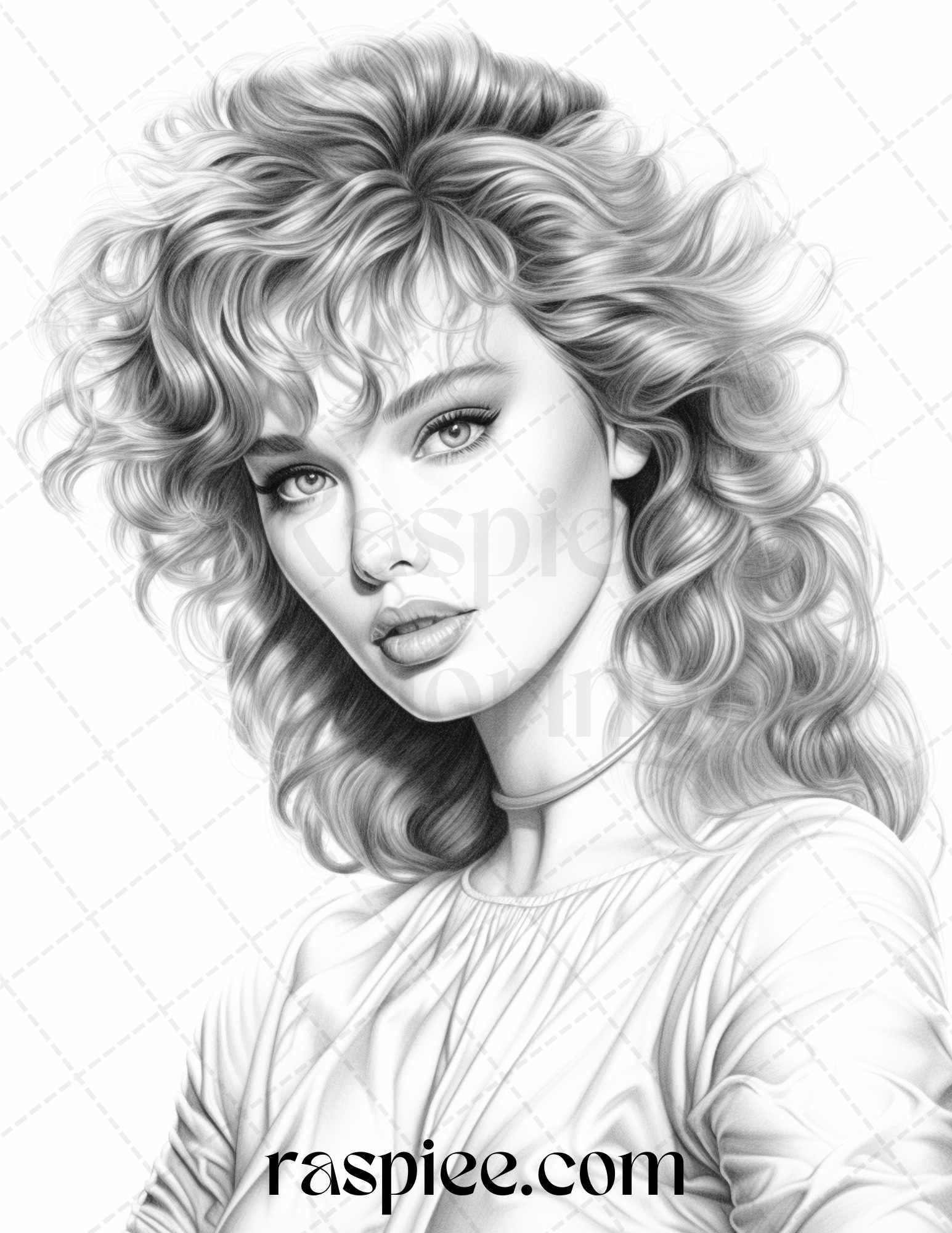 1980s Retro Beautiful Women Grayscale Coloring Pages for Adults, PDF File Instant Download