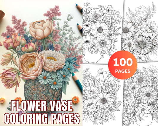 100 Printable Flower Vase Coloring Pages for Adults, Floral Grayscale Coloring Book, Printable PDF File Download