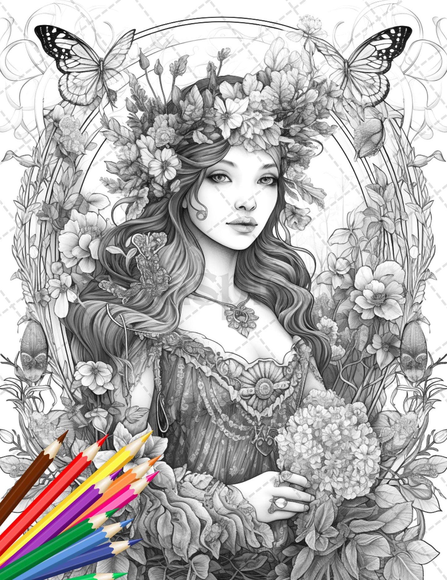 30 Beautiful Fairies Coloring Page Book for Adults, Flower Fairy Grayscale Coloring Book, Fairy Coloring Sheets, Printable PDF File Download