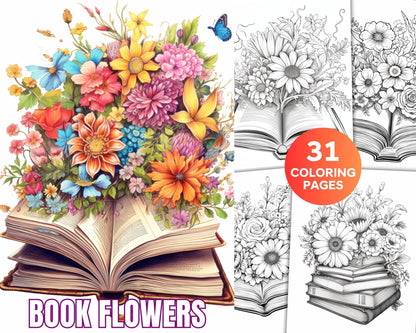 31 Book Flowers Coloring Pages Printable for Adults, Grayscale Coloring Page, PDF File Instant Download