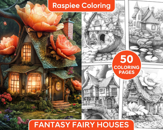 50 Fantasy Fairy Houses Adult Coloring Pages Printable PDF Instant Download