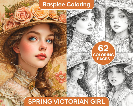 62 Spring Victorian Girl Portraits Grayscale Adult Coloring Pages, Printable PDF Instant Download