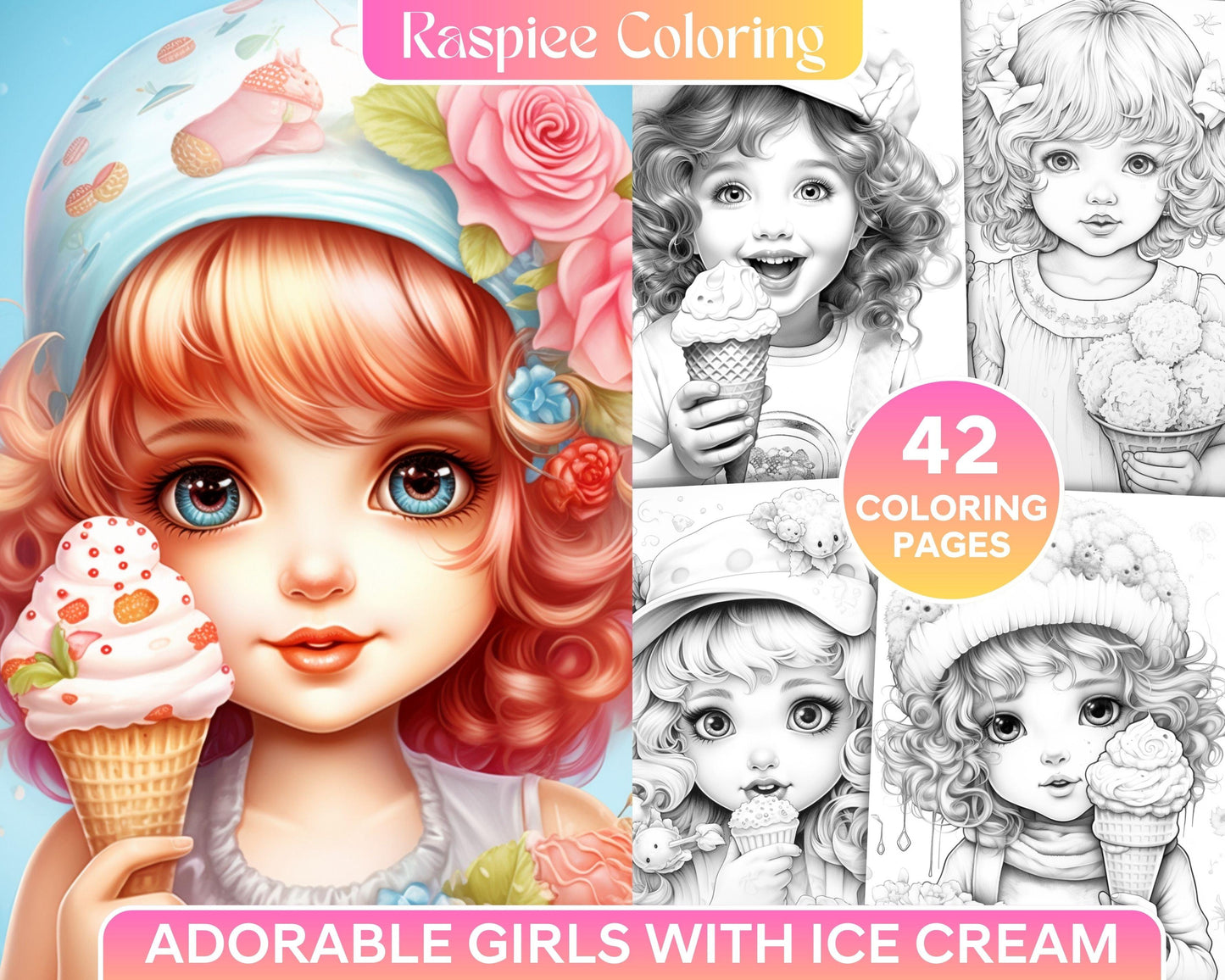 42 Adorable Girls with Ice Cream Grayscale Coloring Pages Printable for Adults Kids, PDF File Instant Download