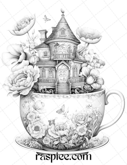 40 Flower Teacup Fairy Houses Grayscale Coloring Pages Printable for Adults, PDF File Instant Download