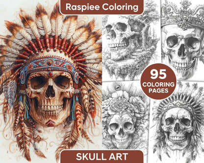 95 Skull Art Grayscale Adult Coloring Pages, Printable PDF Instant Download