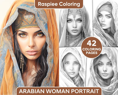 42 Arabian Woman Portrait Gayscale Coloring Pages for Adults, Printable PDF Instant Download