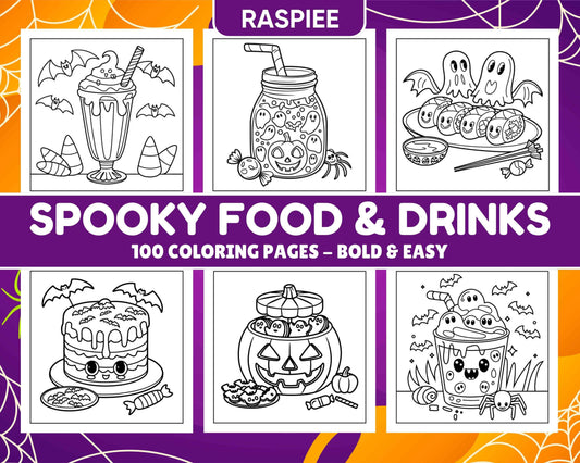 100 Bold Easy Spooky Food & Drinks Coloring Pages Printable PDF Instant Download