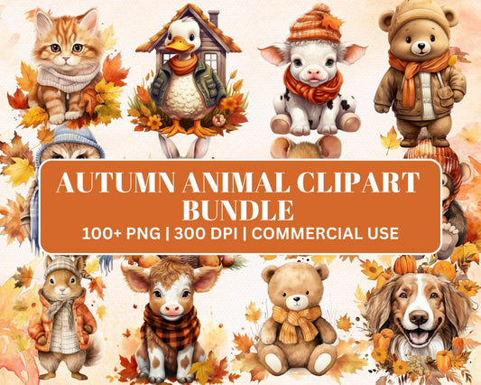 100+ PNG Watercolor Autumn Animal Clipart Bundle, Fall Season Iluustrations