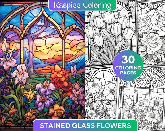 30 Stained Glass Flowers Grayscale Coloring Pages Printable for Adults, PDF File Instant Download