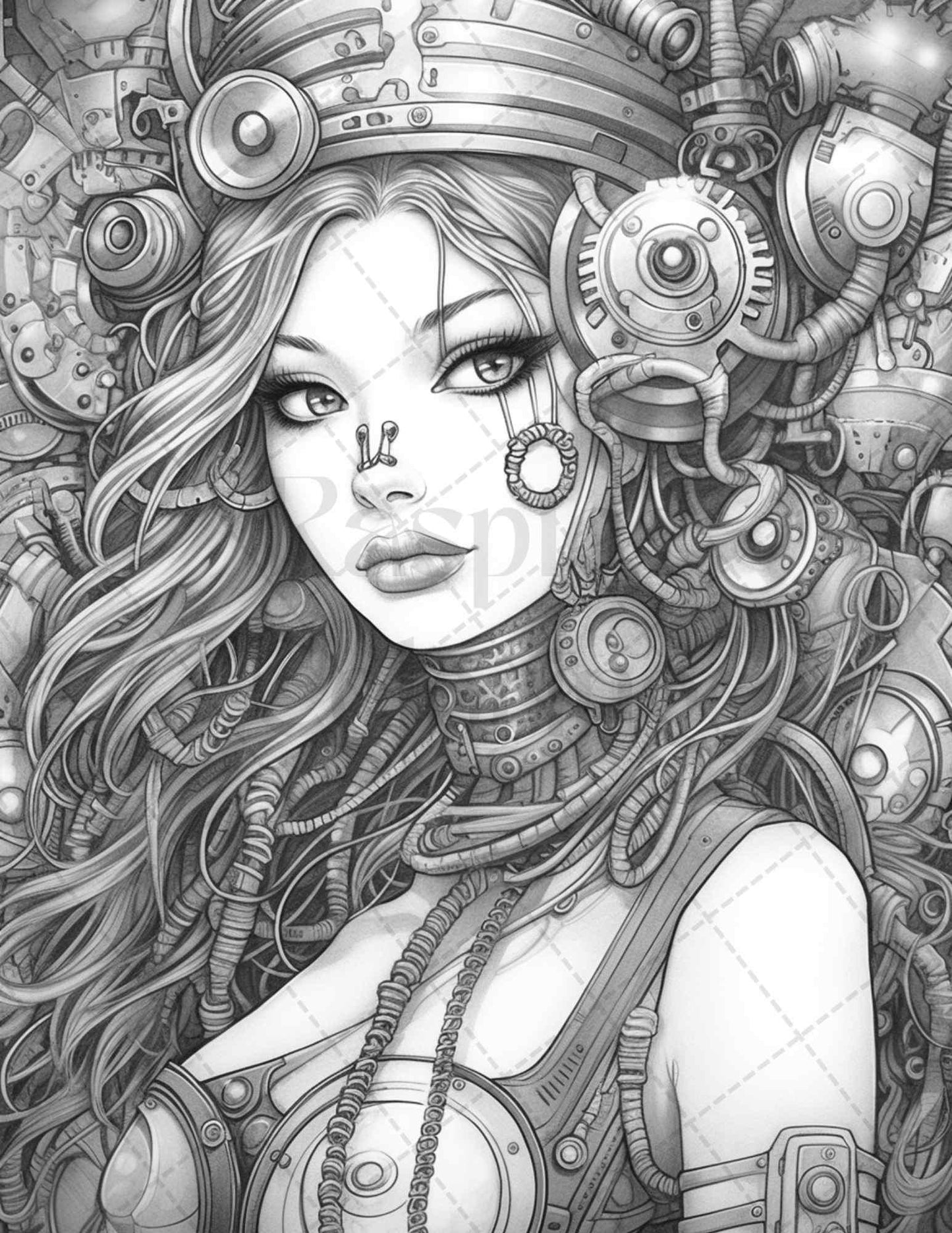 40 Beautiful Cyborg Girls Grayscale Coloring Pages Printable for Adults, PDF File Instant Download