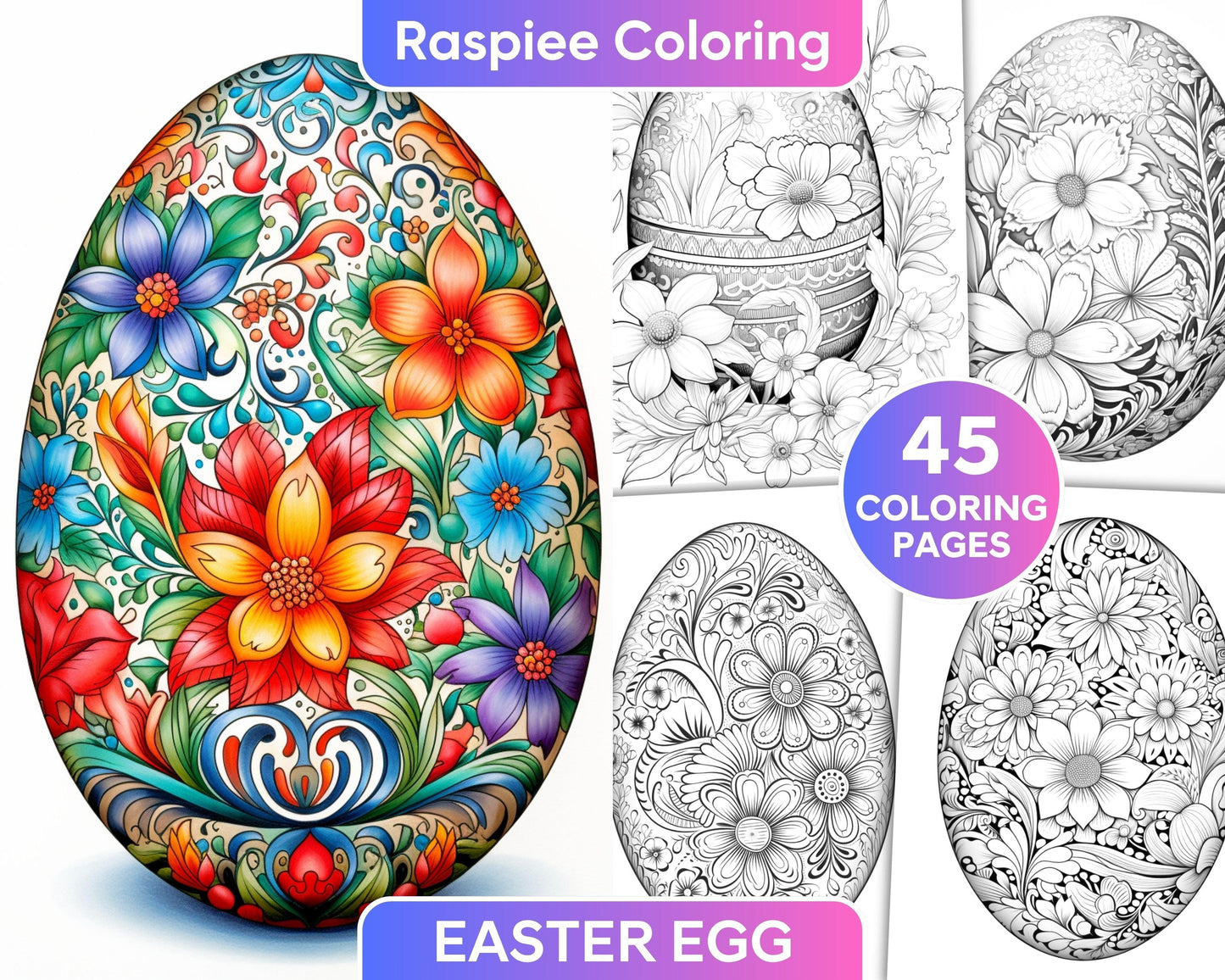 45 Easter Egg Grayscale Adult Coloring Pages, Printable PDF Instant Download