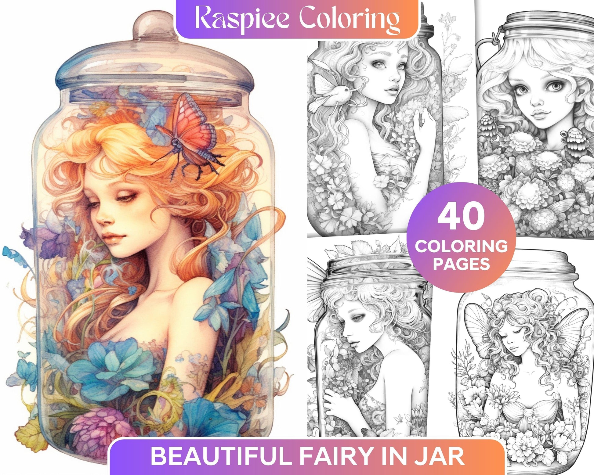 40 Beautiful Fairies in Jar Grayscale Coloring Pages Printable for Adults, PDF File Instant Download