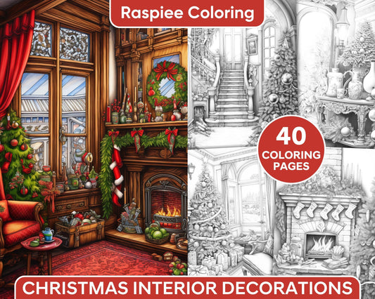 40 Christmas Interior Decorations Grayscale Coloring Pages for Adults, Printable PDF Instant Download