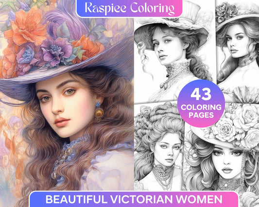 43 Beautiful Victorian Women Grayscale Coloring Pages Printable for Adults, PDF File Instant Download