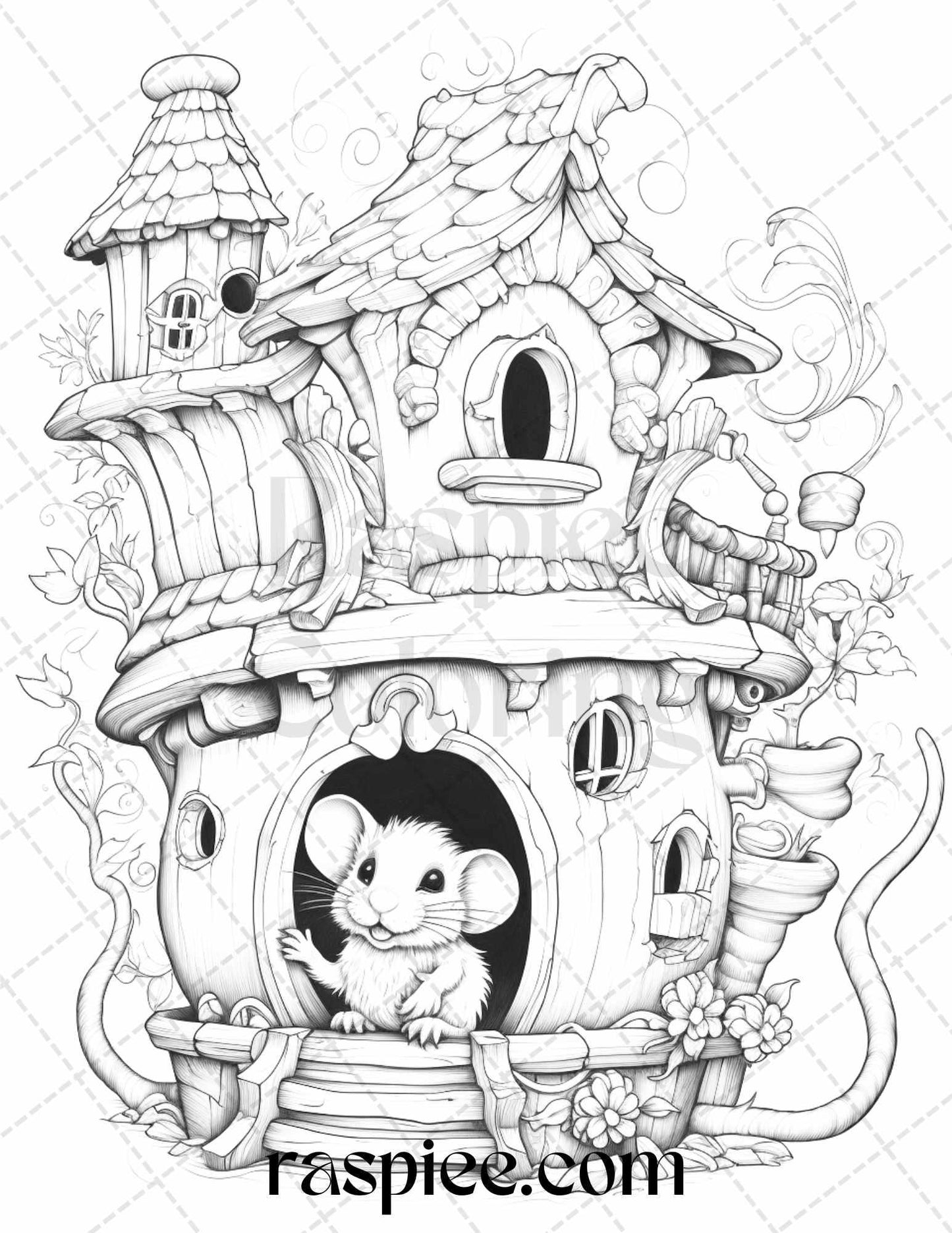 40 Magical Mouse Houses Grayscale Coloring Pages Printable for Adults, PDF File Instant Download