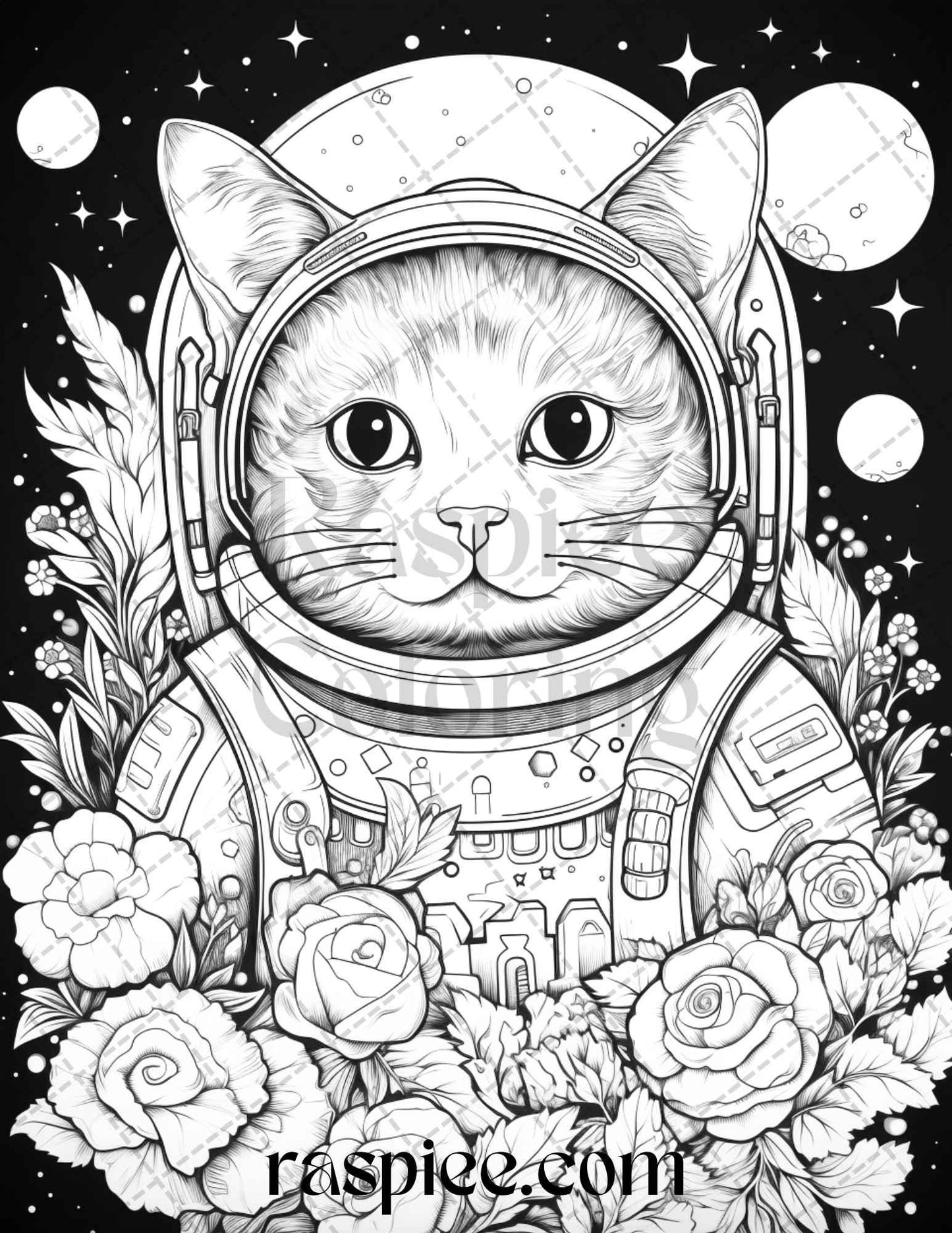 40 Cat Astronaut Grayscale Coloring Pages Printable for Adults Kids, PDF File Instant Download