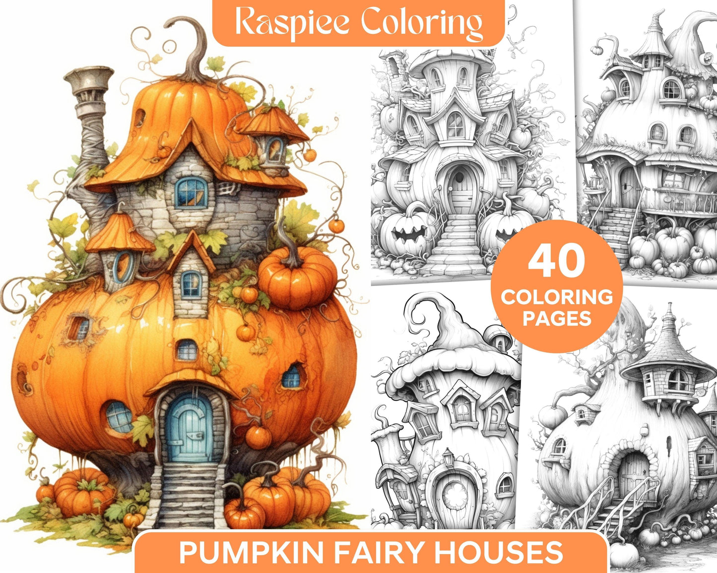 40 Pumpkin Fairy Houses Grayscale Coloring Pages Printable for Adults, PDF File Instant Download