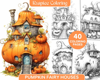 40 Pumpkin Fairy Houses Grayscale Coloring Pages Printable for Adults, PDF File Instant Download