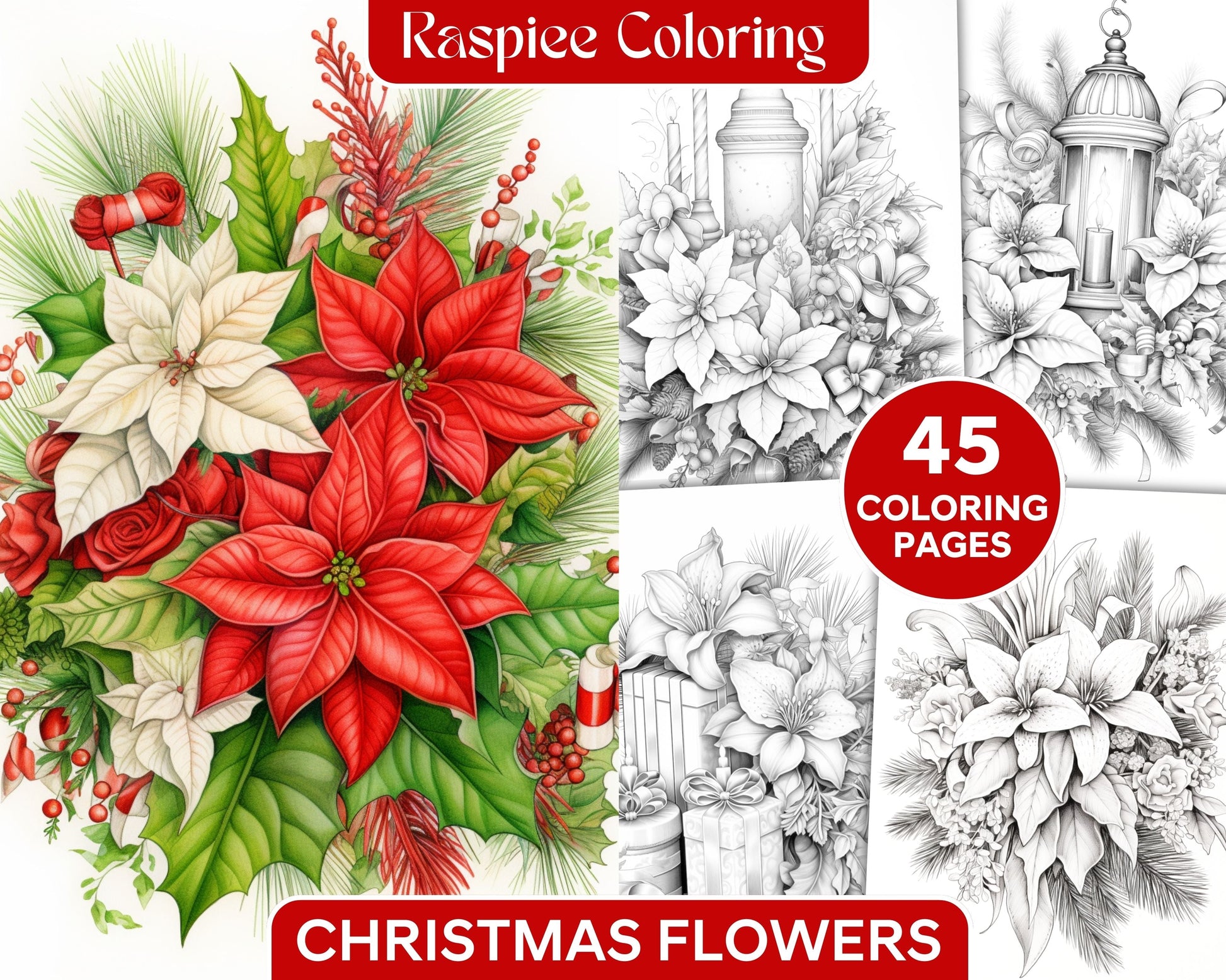 45 Christmas Flowers Grayscale Coloring Pages Printable for Adults, PDF File Instant Download