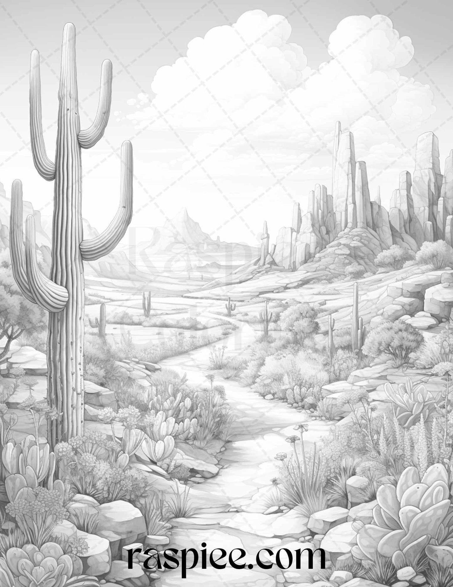 40 Desert Landscapes Grayscale Coloring Pages Printable for Adults, PDF File Instant Download