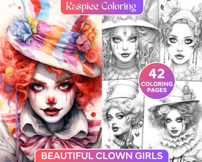 42 Beautiful Clown Girls Grayscale Coloring Pages Printable for Adults, PDF File Instant Download