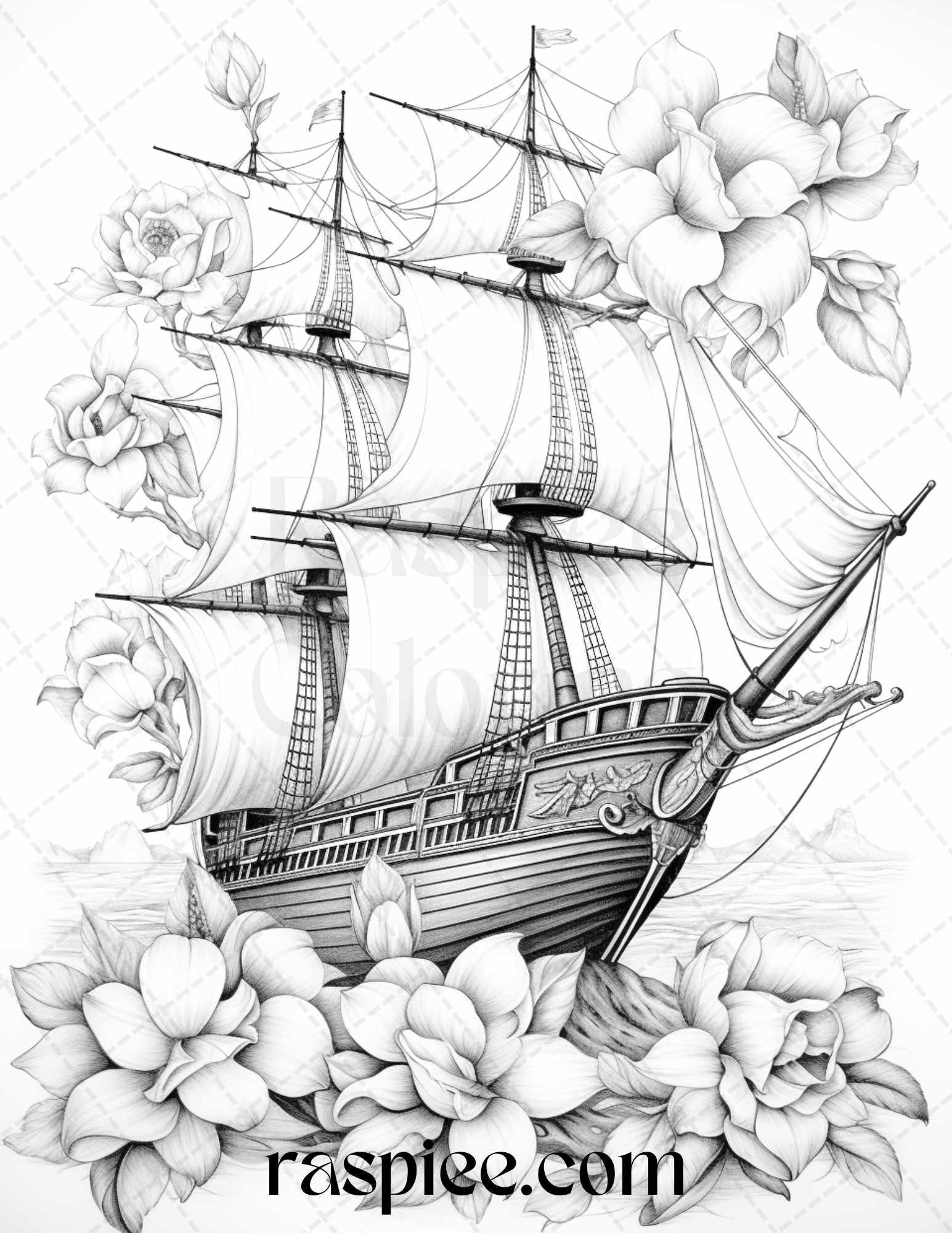 44 Flower Ships Graysale Coloring Pages Printable for Adults, PDF File Instant Download