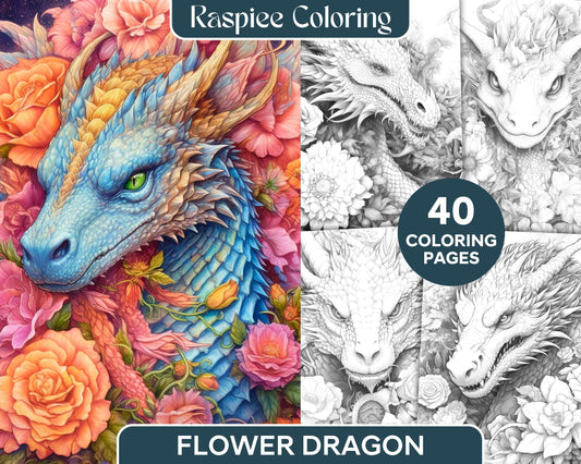 40 Flower Dragon Grayscale Coloring Pages Printable for Adults, PDF File Instant Download