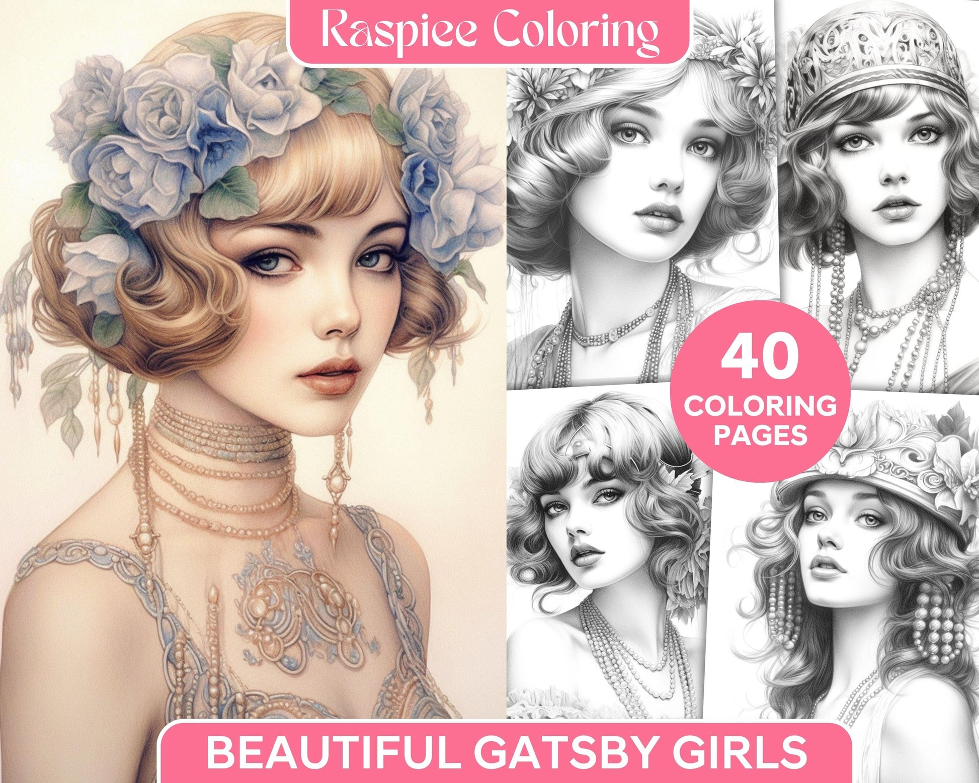 40 Beautiful Gatsby Girls Grayscale Coloring Pages Printable for Adults, PDF File Instant Download