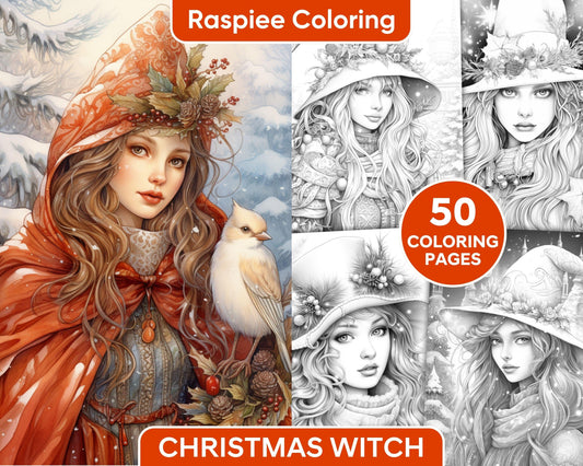 50 Christmas Witch Grayscale Coloring Pages for Adults, Printable PDF Instant Download