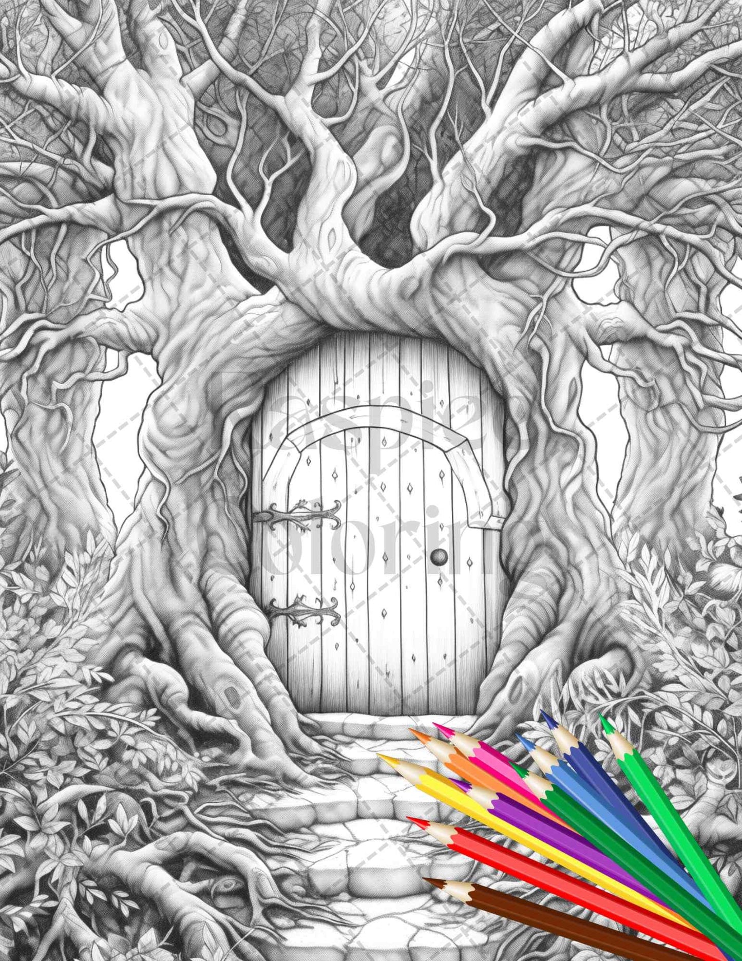 40 Magical Forest Gates Grayscale Coloring Pages Printable for Adults, PDF File Instant Download