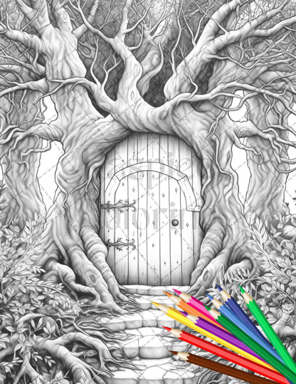 40 Magical Forest Gates Grayscale Coloring Pages Printable for Adults, PDF File Instant Download