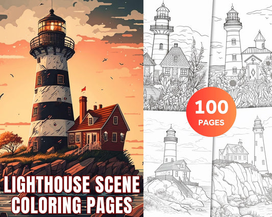 100 Printable Lighthouse Scene Coloring Pages for Adults, Printable PDF File Download