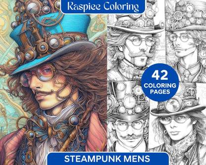 42 Steampunk Mens Grayscale Coloring Pages Printable for Adults, PDF File Instant Download