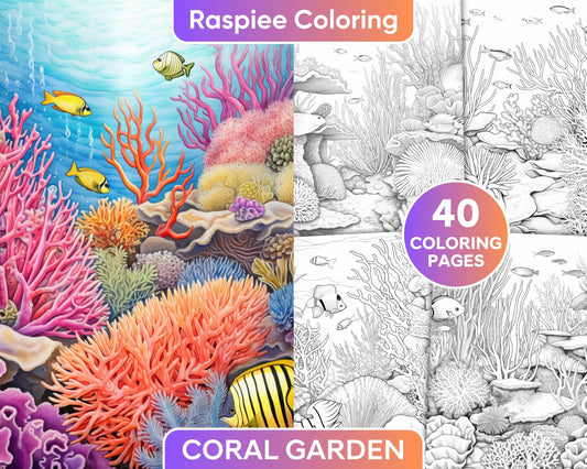 40 Colorful Coral Garden Grayscale Adult Coloring Pages, Printable PDF Instant Download