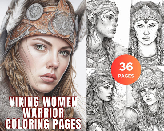 36 Viking Women Warrior Printable Coloring Pages for Adults, Nordic Culture Grayscale Coloring Book, Printable PDF File Download