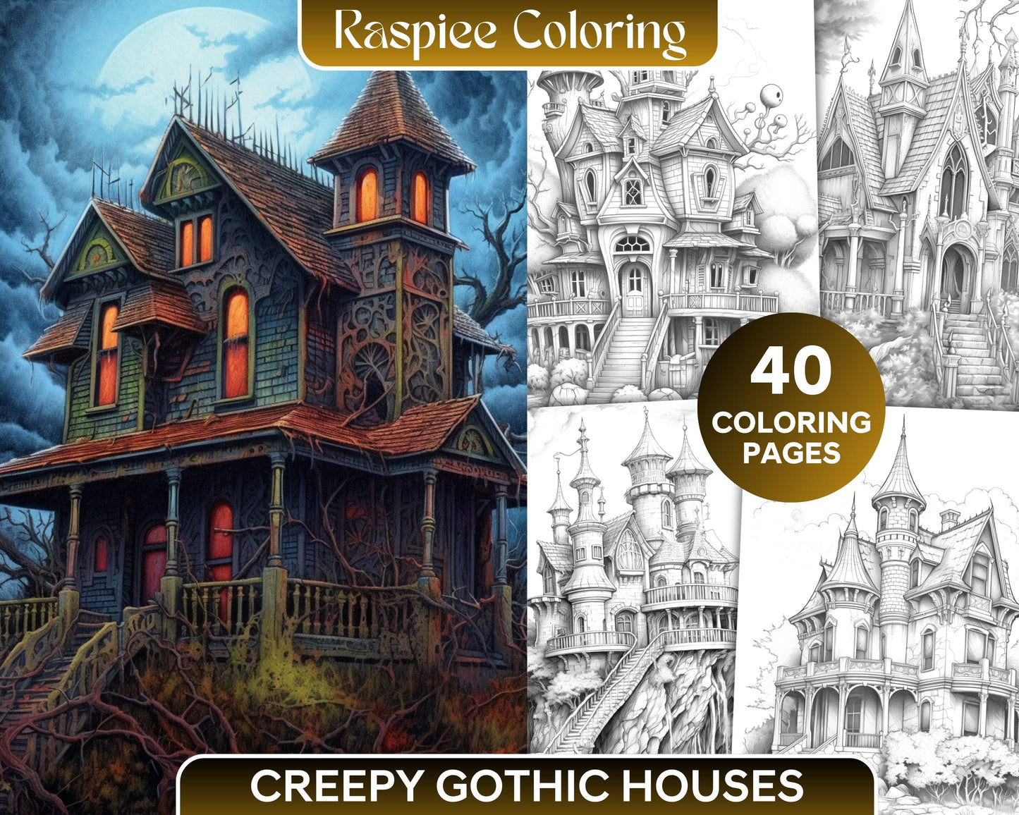 40 Creepy Gothic Houses Grayscale Coloring Pages Printable for Adults, PDF File Instant Download