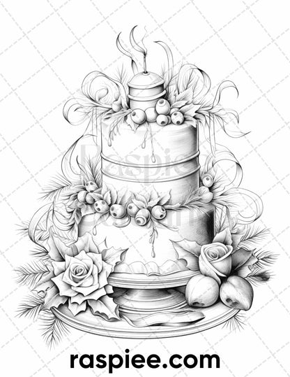 45 Christmas Cakes Grayscale Coloring Pages for Adults, Printable PDF File Instant Download