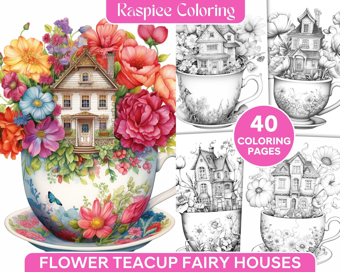 40 Flower Teacup Fairy Houses Grayscale Coloring Pages Printable for Adults, PDF File Instant Download